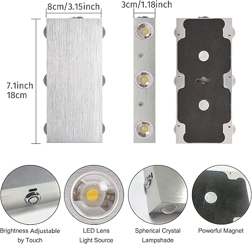 Miniatura 6 de Aplique de pared a pilas para interiores con interruptor, control táctil de brillo ajustable, 6W LED inalámbrico recargable 4000mAh batería lámpara