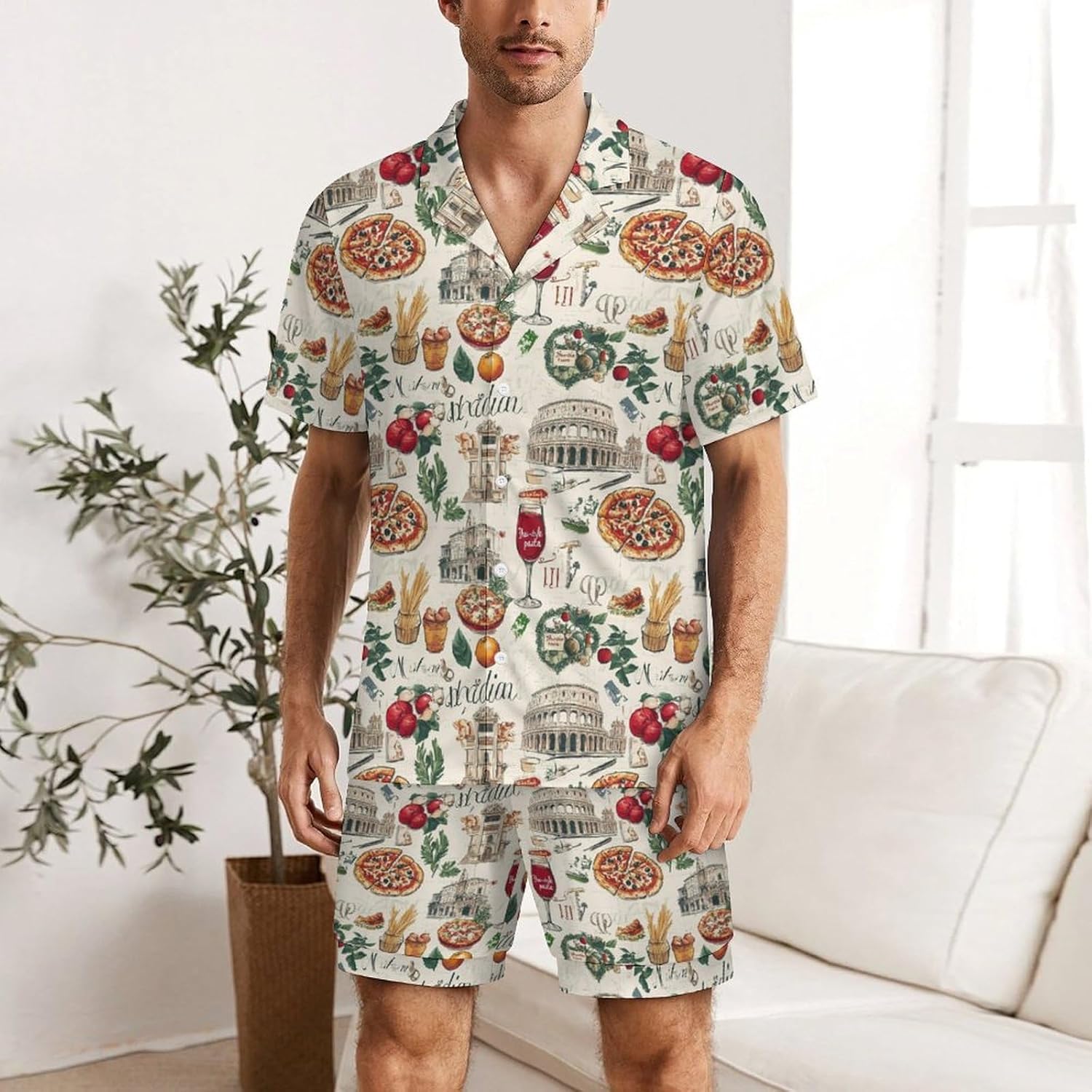 Italy Pizza European Italian Food Mens Pajamas Set Short Sleeve Shirt And Shorts Sleepwear PJ Sets Loungewear XL