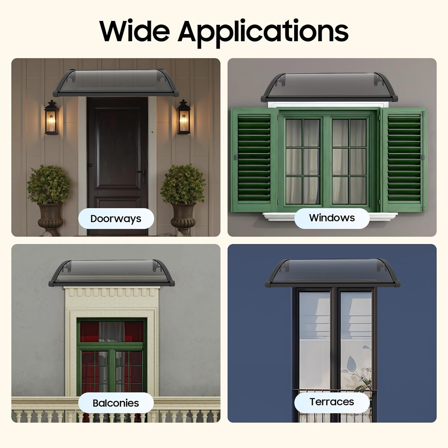 Upgraded Window Door Awning Canopy 40x24 Inch, Aluminum Bracket Window Awning with Enlarged Gutter, Transparent Window Awnings Exterior for Porch Window Garage Rain Snow UV