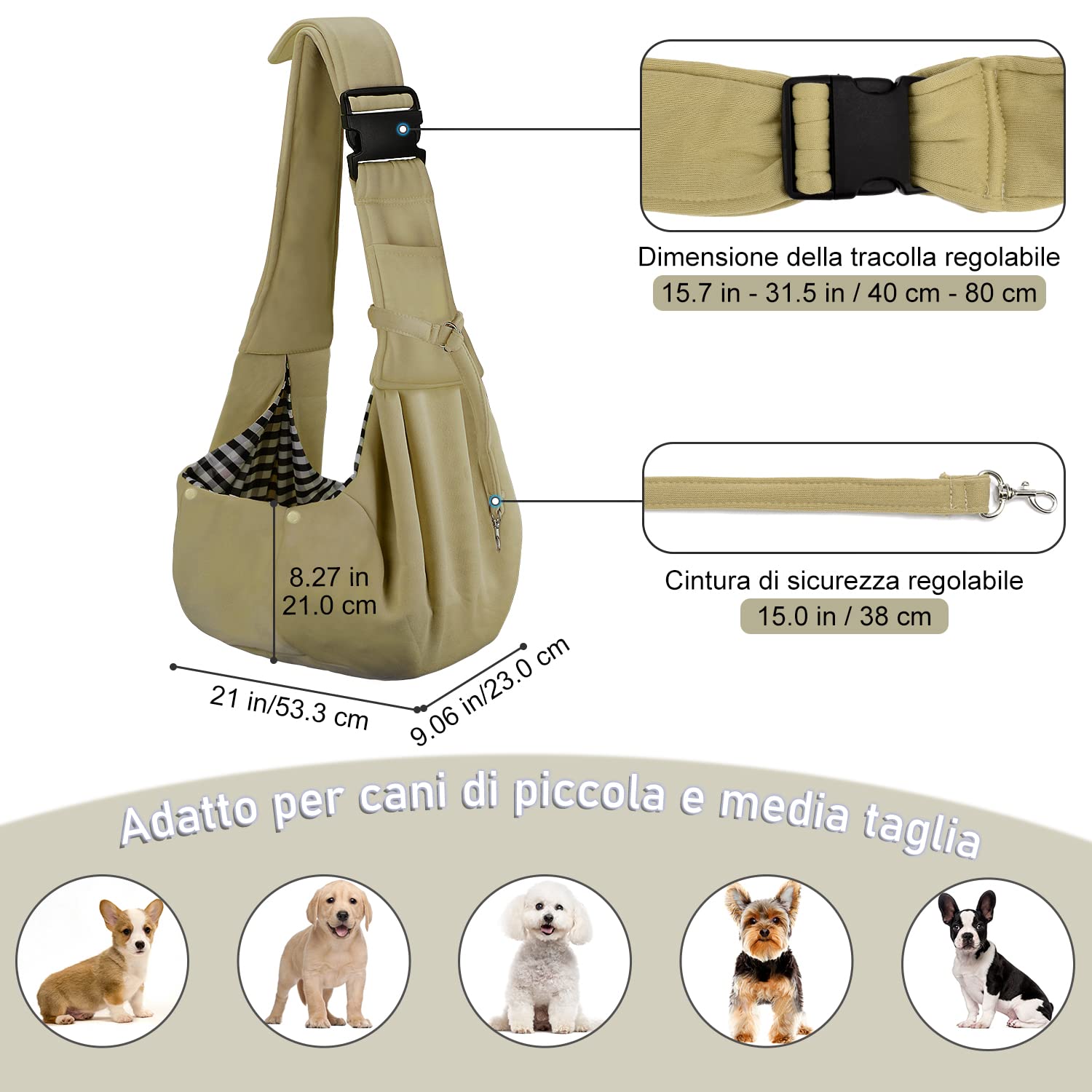 PETLOFT Reversibile Borsa Trasportino Zaino, Borsa da Trasporto per Cani Piccoli, Adjustable Borsa a Tracolla, Cross-Body Pet Sling Carrier con Gancio per Collare per Cane/Gatto Fino a 4.99kg