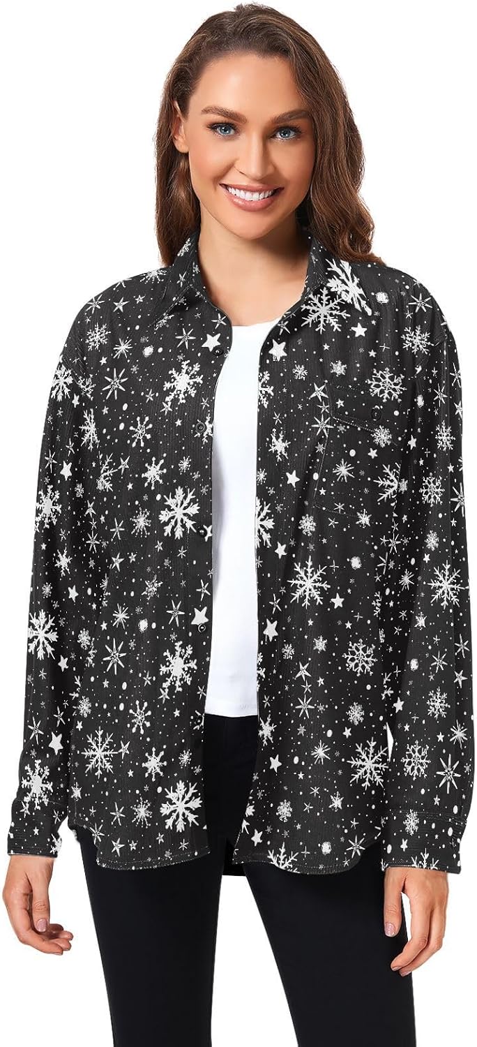 KLL Snowflake Black and White Background Ladies Mens Regular Fit Rugby Shirts Beach Long Sleeve Blouses