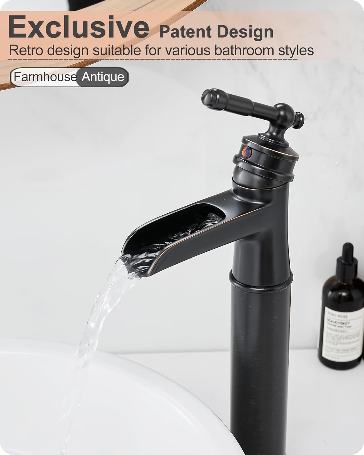 Brass Vessel Sink Faucet Oil Rubbed Bronze, Waterfall Tall Bathroom Faucet 1 Hole with Single Handle, Pop-Up Drain & Water Hose for Farmhouse Vanity Restroom Vessel Bowl Sink, 5 Mins Install