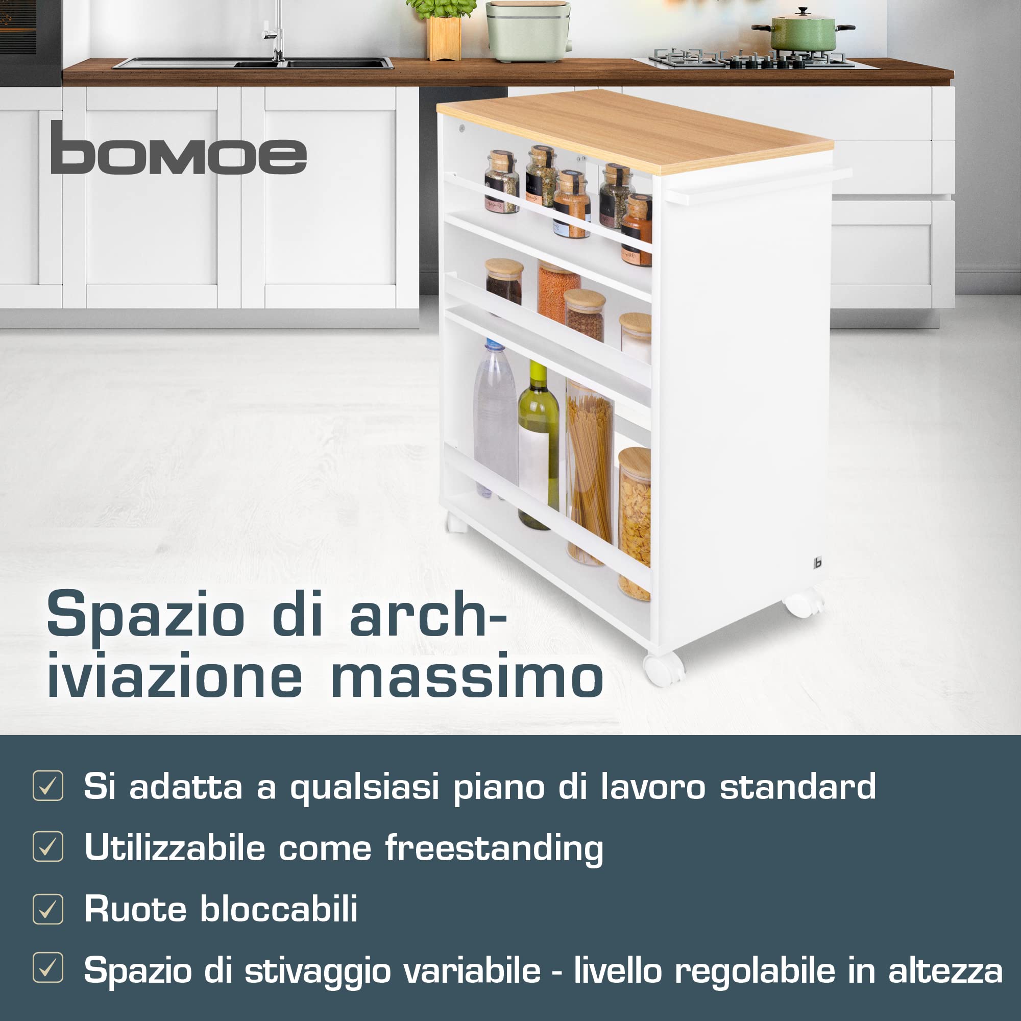 bomoe Carrello da Cucina Su Rotelle Con 3 Livelli Regolabili - Legno FSC® di Alta Qualità Universale per Cucine e Bagno - Bengt Rovere e Bianco