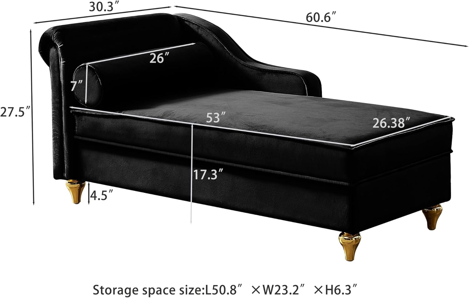 Velvet Chaise Lounge with Storage, Modern Fainting Couch for Living Room, Black Upholstered with Gold Metal Legs, Soft Velvet, Stylish, Comfortable & Functional