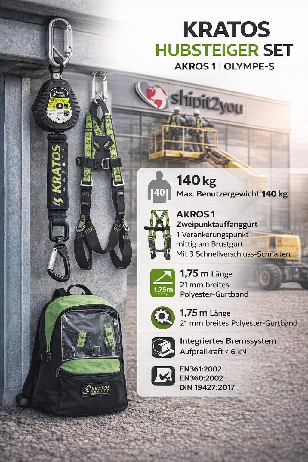 Kratos Safety Hubsteiger Sicherheitsset, Fallschutz-Set mit Gurt EN361, Höhensicherungsgerät, Rucksack, PSA