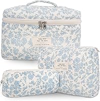 Vista 12 de Bolsa de maquillaje acolchada de algodón, 3 piezas, bolsa de cosméticos de viaje, bolsa de maquillaje floral, bolsa de aseo grande para mujeres