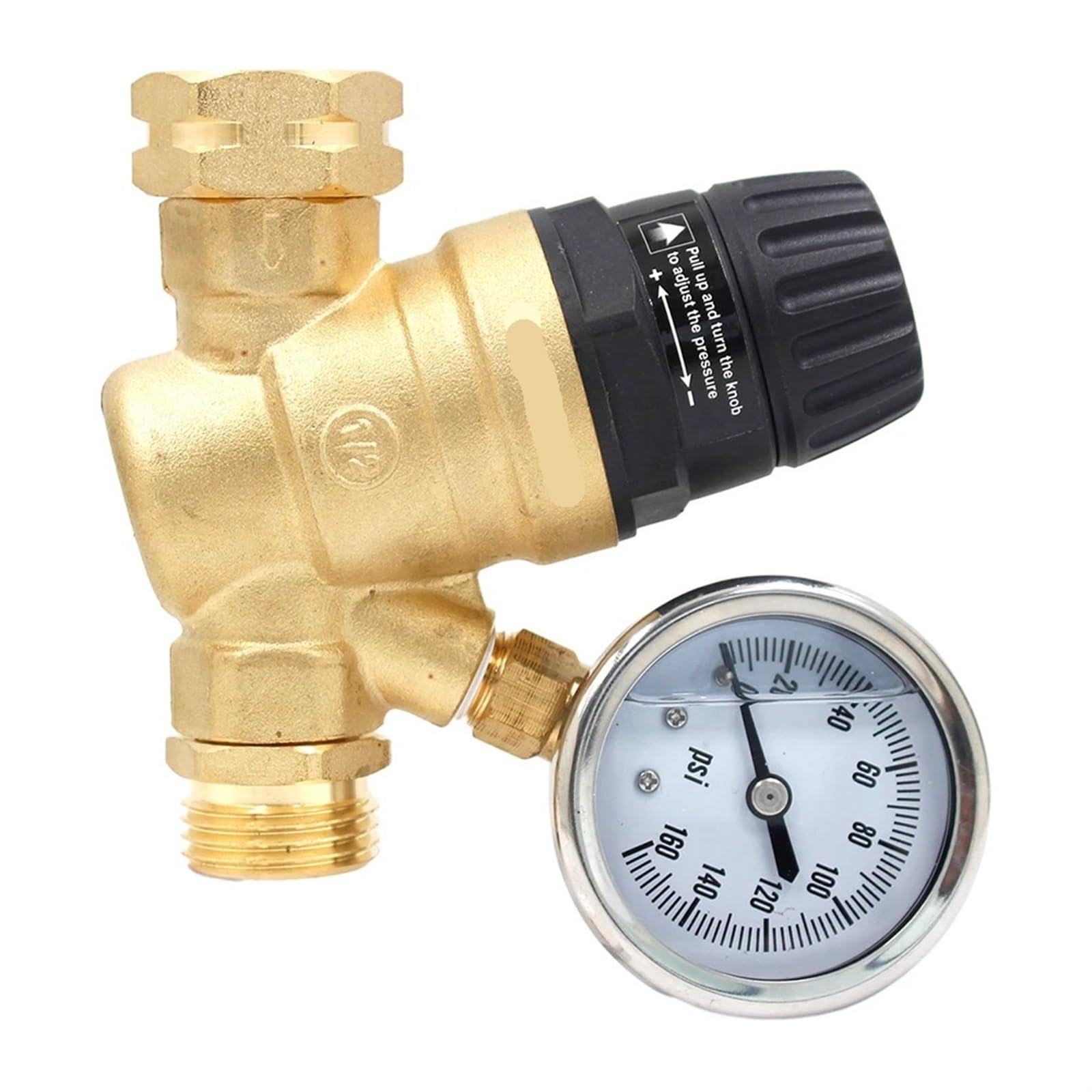 Regulator ciśnienia Zawór redukcyjny, Regulator ciśnienia mosiężny 3/4 cala z manometrem i 2 filtrami do kamperów, węży ogrodowych i przyczep