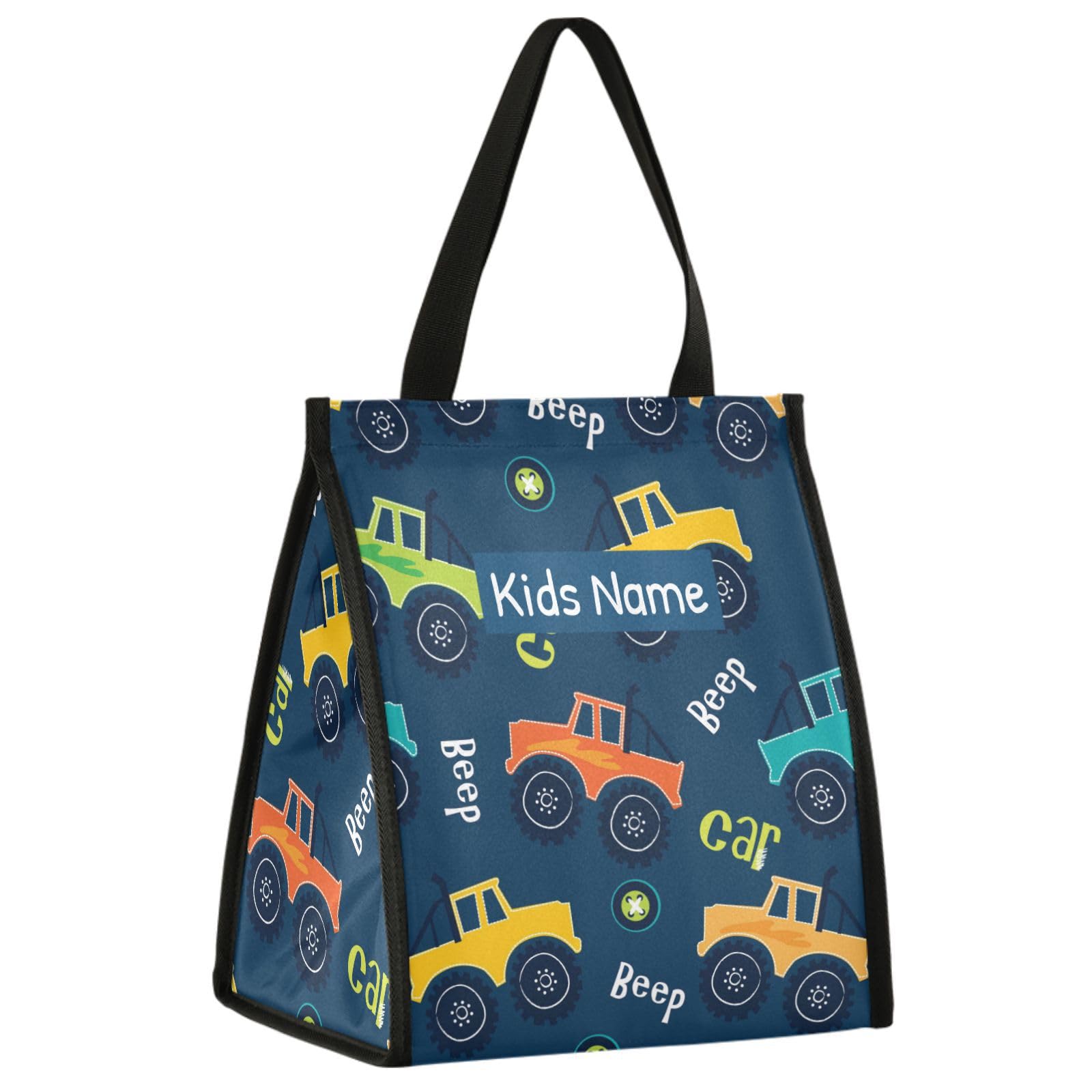 Naanle Custom Lunch Bag Insulated Lunch Bags for Kids Girls Boys, Personalized Cars Truck Lunch Box Container Leakproof Reusable Lunch Tote Bag Thermal Lunch Cooler Bag for School Office