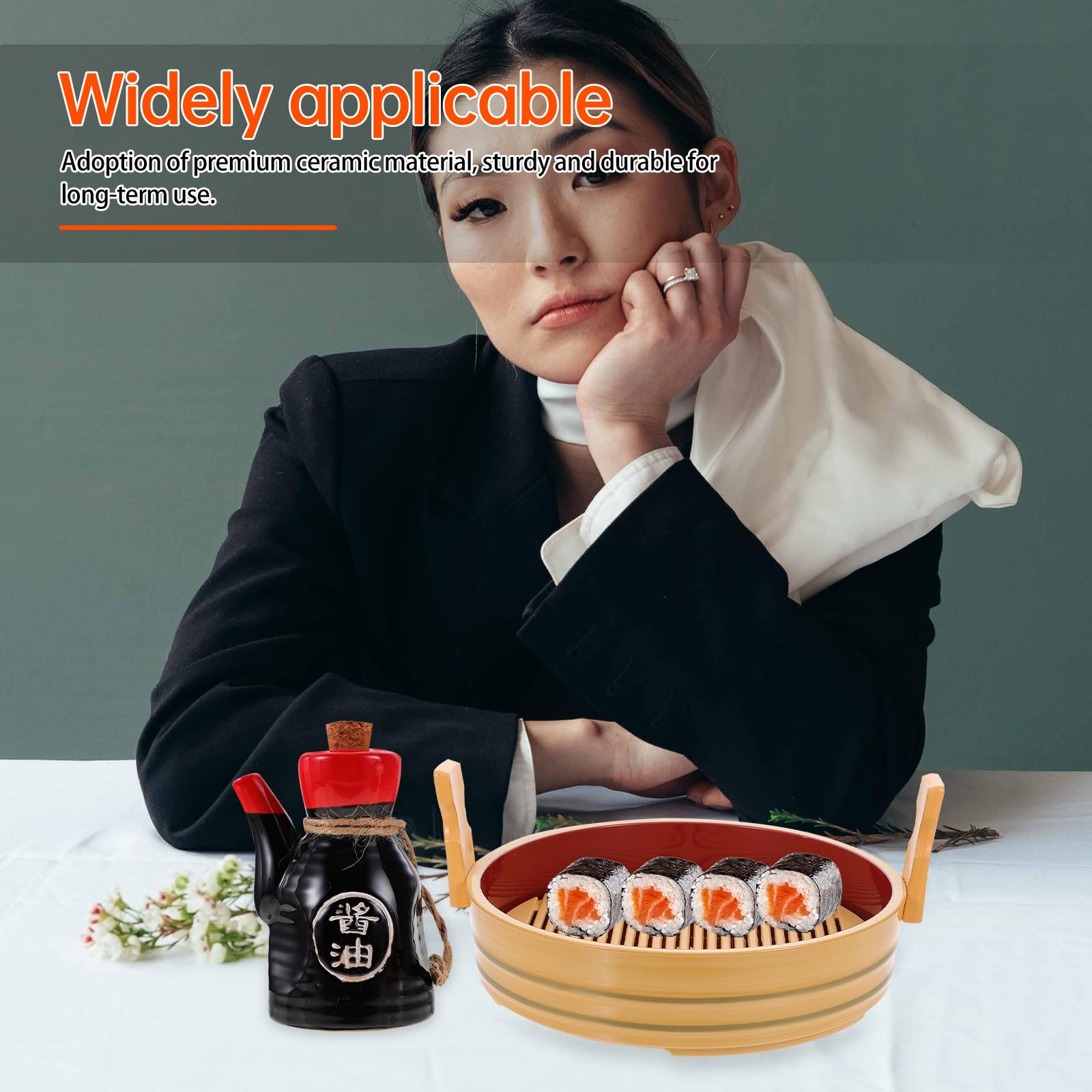 Juego de Dispensador de Vinagre y Aceite con Tapa de Corcho y Bandeja de Cerámica Japonesa 200ml, Diseño Delicado y Funcional para Cocina