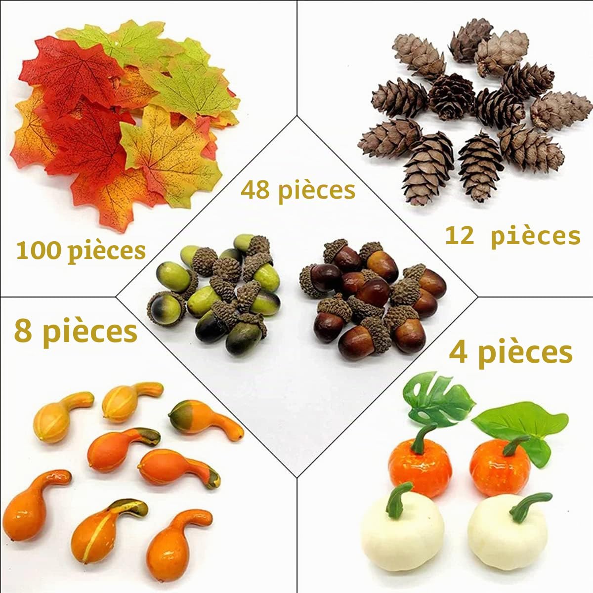 HBell Lot de 172 mini citrouilles artificielles pour Halloween, pommes de pin, feuilles d'érable, glands et décorations d'automne, pour l'automne, Noël, mariage, décoration de table