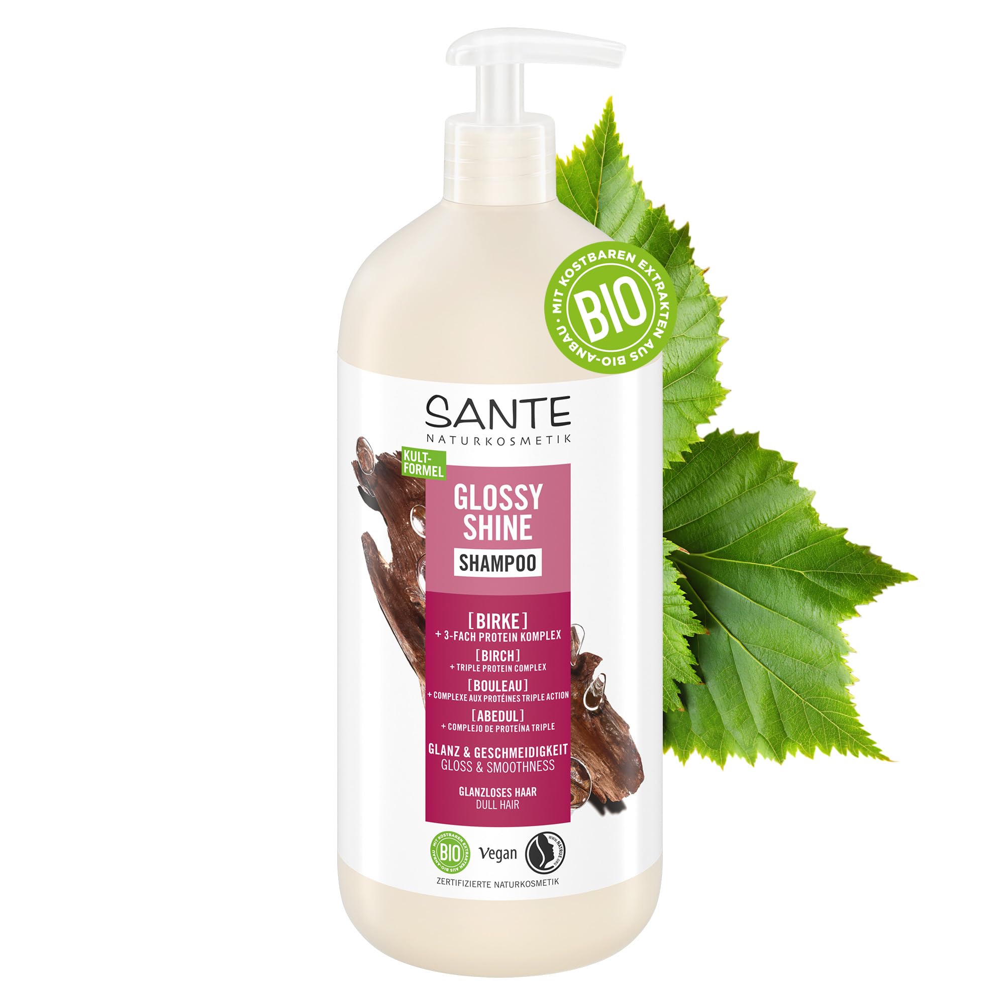 SANTE Naturkosmetik Glossy Shine Shampoo - 950 ml - mit Bio-Birkenblatt & 3-Fach Protein Komplex - für glanzloses Haar - silikonfrei & vegan - dermatologisch getestet