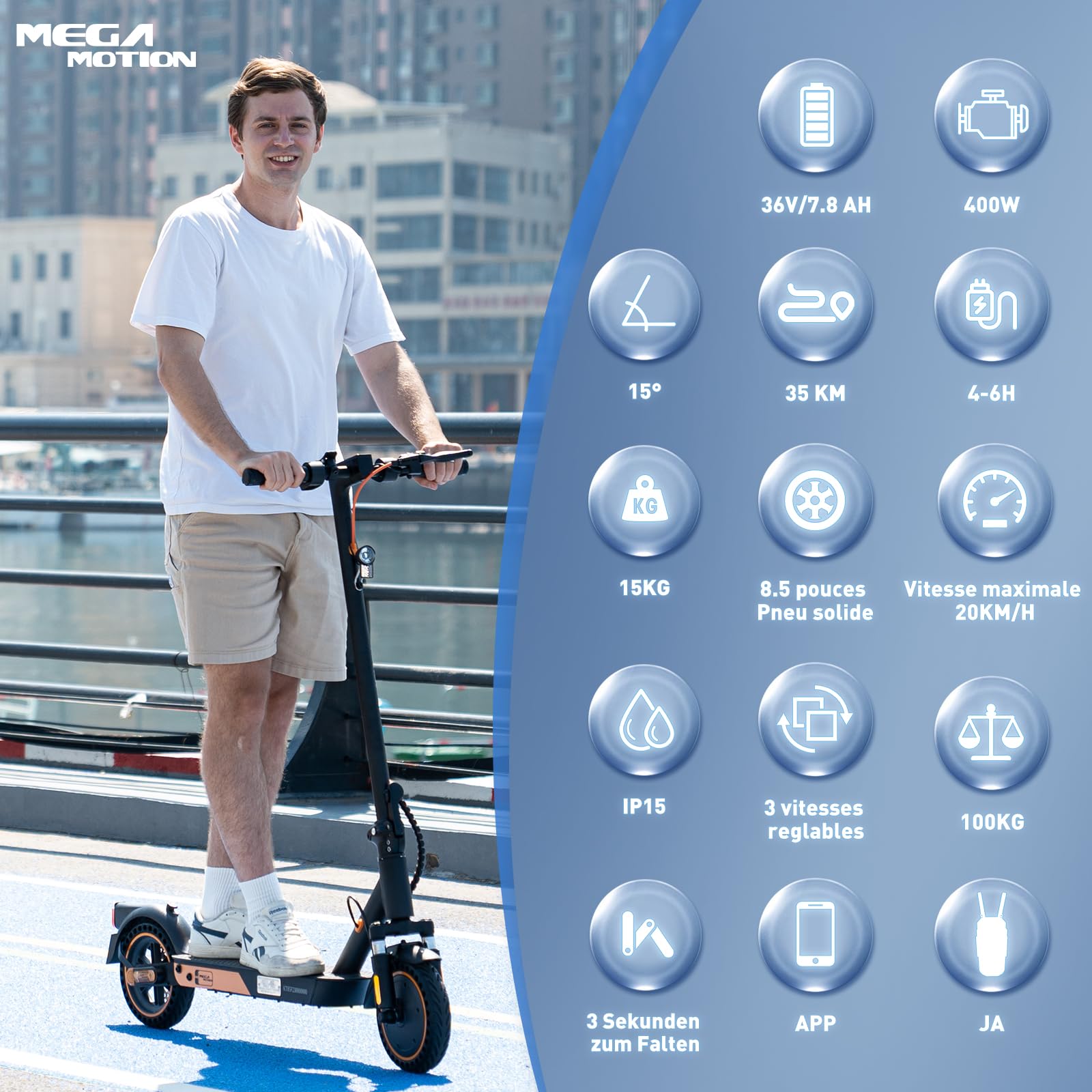 MEGA MOTION Trottinette électrique avec autorisation de circulation routière (ABE) - Pliable - Pour adulte - Portée de 35 km - Pneus de 8,5" - Moteur 400 W et double suspension - Sac de transport et