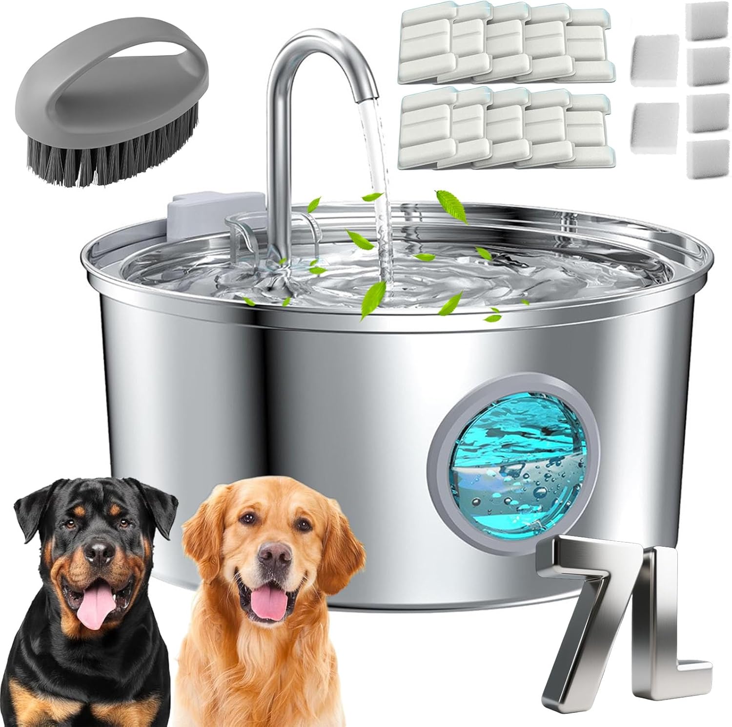 Dog Water Fountain, 3.2L/7L Filtered Water Fountain, Super Quiet Stainless Steel Dog Fountain Water Bowl for Large Dog Cats & Small Animals (Silver, 7L-with 10 Filter Element)