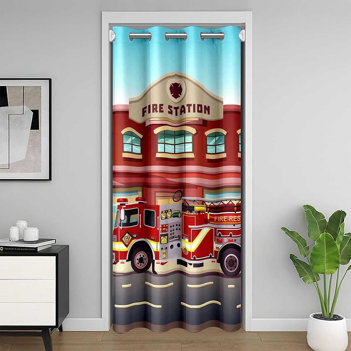 Kids Fire Fighting Truck Blackout Curtain 42"W X 80"L Red Cartoon Car Door Drape For Childrens Teens Fireman Fire Center Door Curtain For Doorway Privacy Rescue Vehicle Closet Curtain,Closet Door