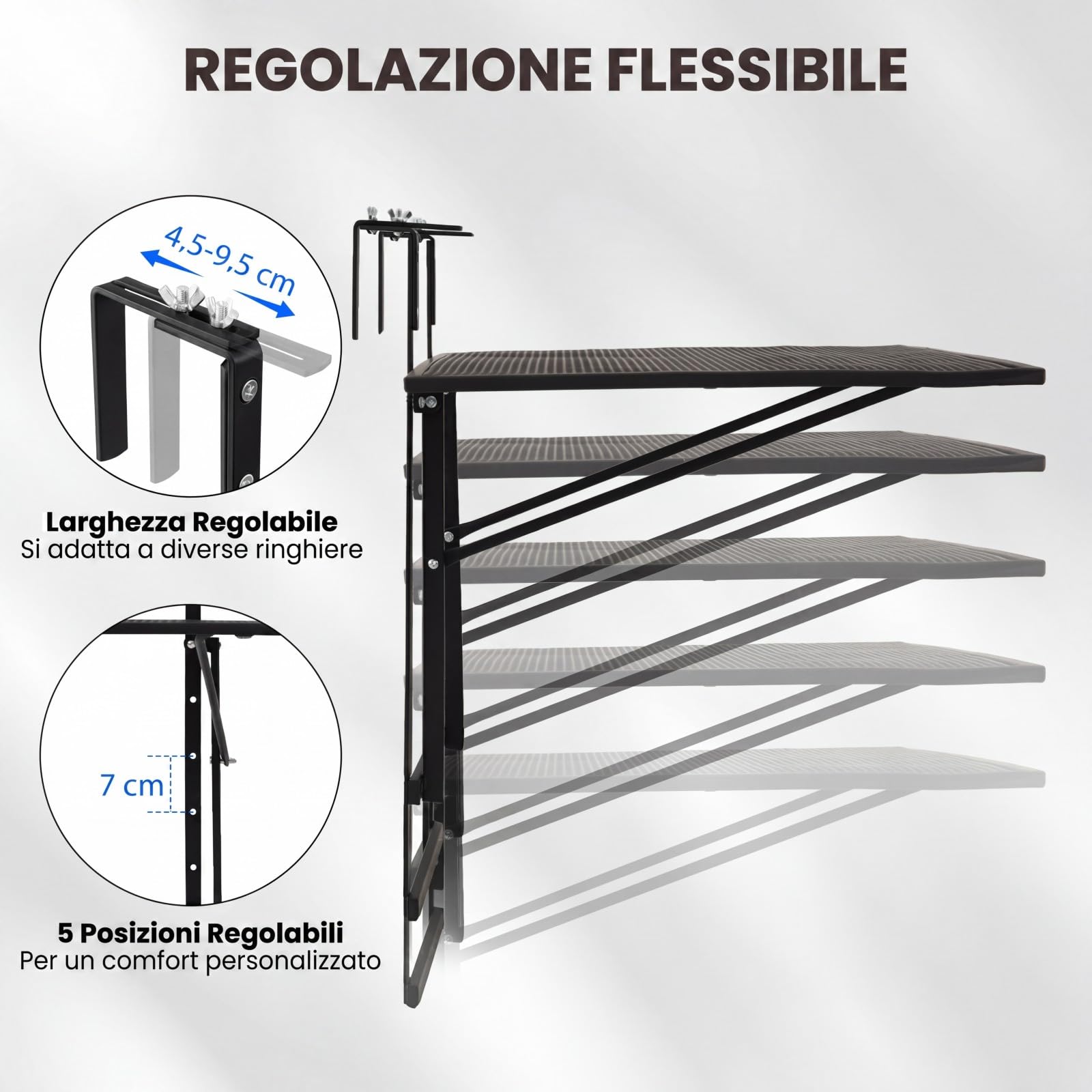 COSTWAY Tavolino Pieghevole da Balcone, Tavolino da Appendere | in Metallo per Ringhiera con Piano d'Appoggio Ampio, 5 Posizioni Regolabili, Tavolo Richiudibile