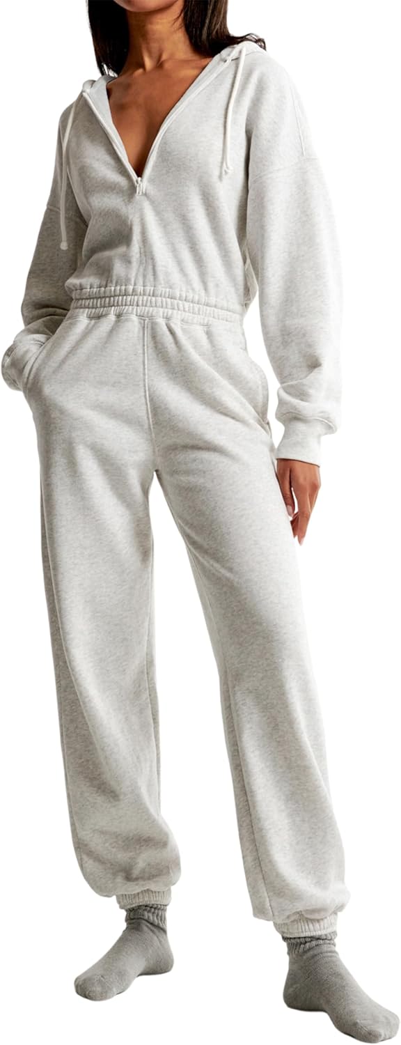 Jumpsuits for Women Casual Hoodie Long Sleeve Zip Up Sweatshirts Loose Jogger Sweatpants One Piece Romper Outfit