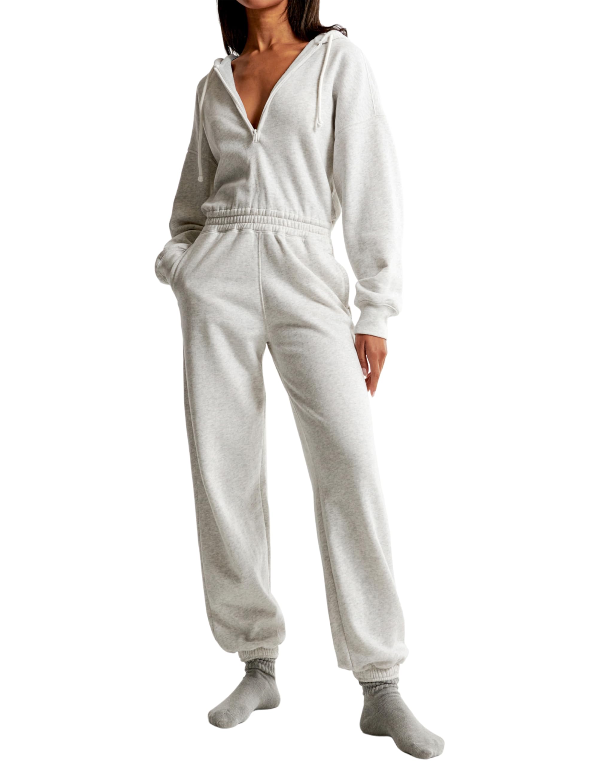 RIATOUR Jumpsuits for Women Long Sleeve Half Zip Hoodies Elastic Waist Jogger Jumpers