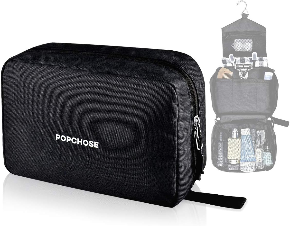 Travel Toiletry Bag for Men POPCHOSE Hanging Travel Dopp Kit Bag Waterproof Bathroom Shower Bag Durable Makeup Cosmetic Bag Travel Organizer with Metal Hook 6 Compartments for Business, Travel, Gym