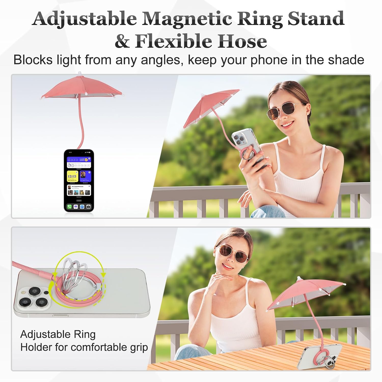 Magnetic Umbrella Phone Stand for Sun Protection,Adjustable Sun Shade Shield for iPhone 16/15/14/13/12 Pro Max,Samsung & Google,Detachable Ring Stand,Heat-Resistant Design,Car Mount Compatible, Pink image 3