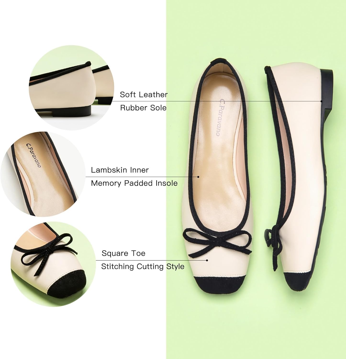C.Paravano Ballet Flats | Square Toe Shoes | Bow Slip Ons | Ballet Shoes for Women | Dressy Flats for Women - Image 5