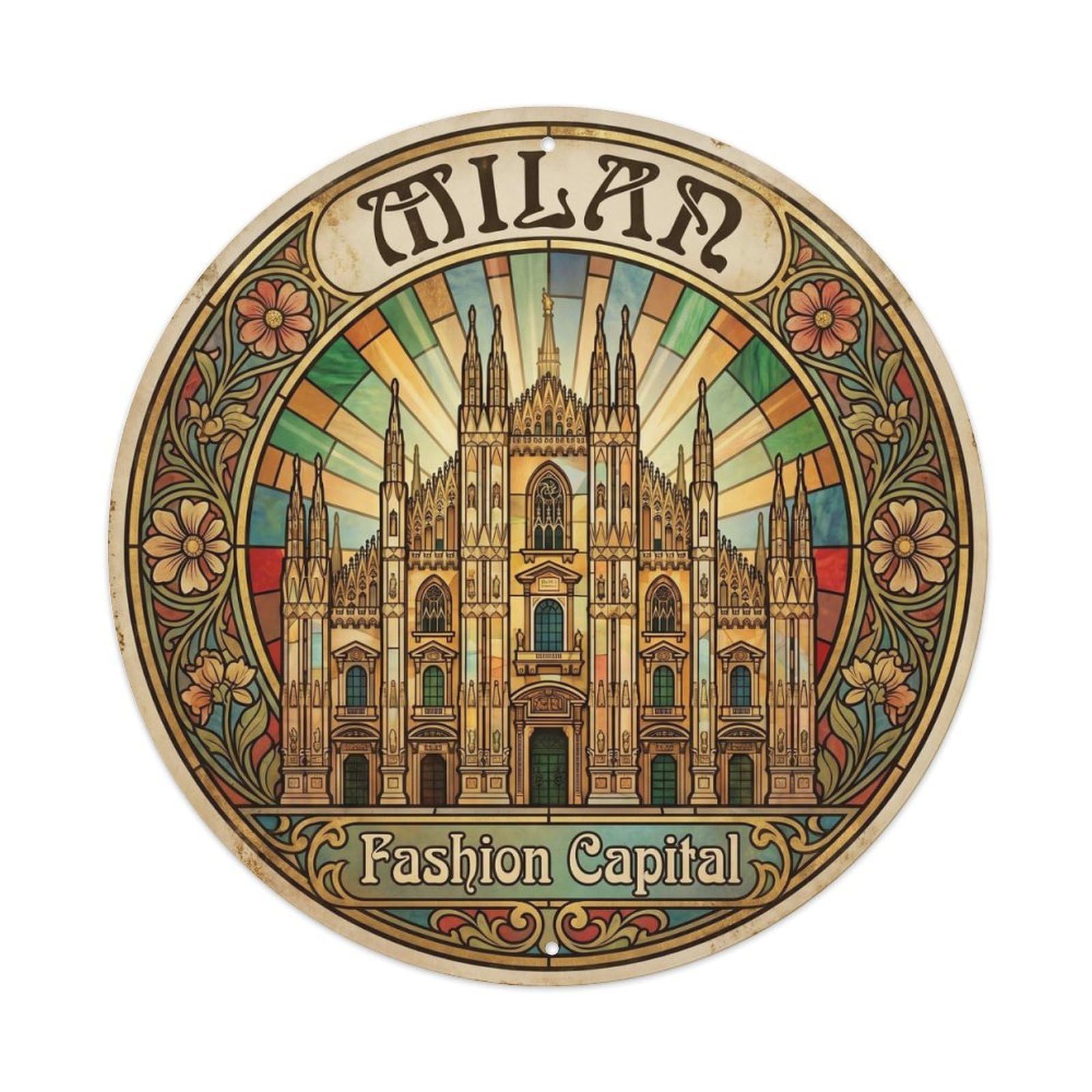 Milan Cathedral Italy Heritage Travel Fashion Landmark Metal Tin Sign Plaque Wall Decor for Cafe, Man Cave, Club Bar, Office, Home Garden Round Metal Poster 8x8Inch