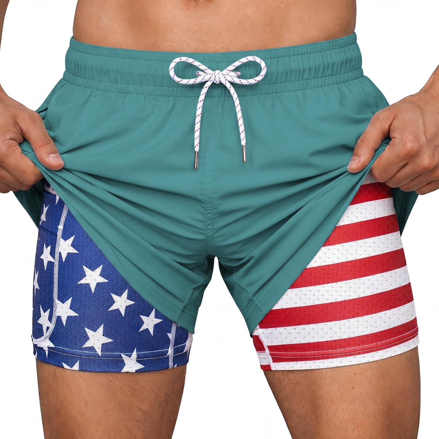 Men Swim Trunks 5 Inch Inseam Compression Liner Quick Dry Drawstring Zipper Pockets for Summer Beach Surfing Water Sports