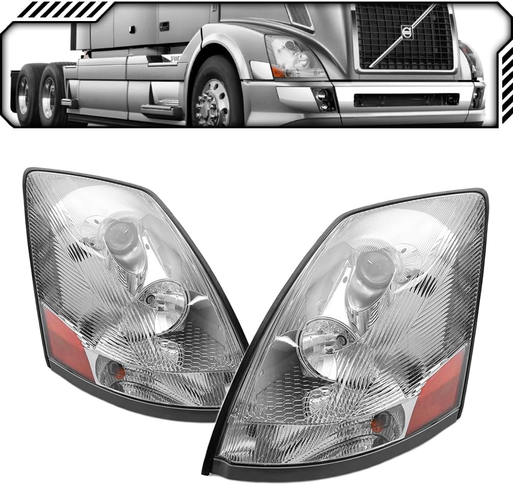 EPIC LIGHTING AMXOE Replacement Chrome Bezel Headlights Assembly Compatible with Volvo Semi Truck Heavy Duty 2004-2018 VNL 04-18 VNM 04-15 VN [ 82329127 VO2503156 82329124 VO2502156 ] Pair