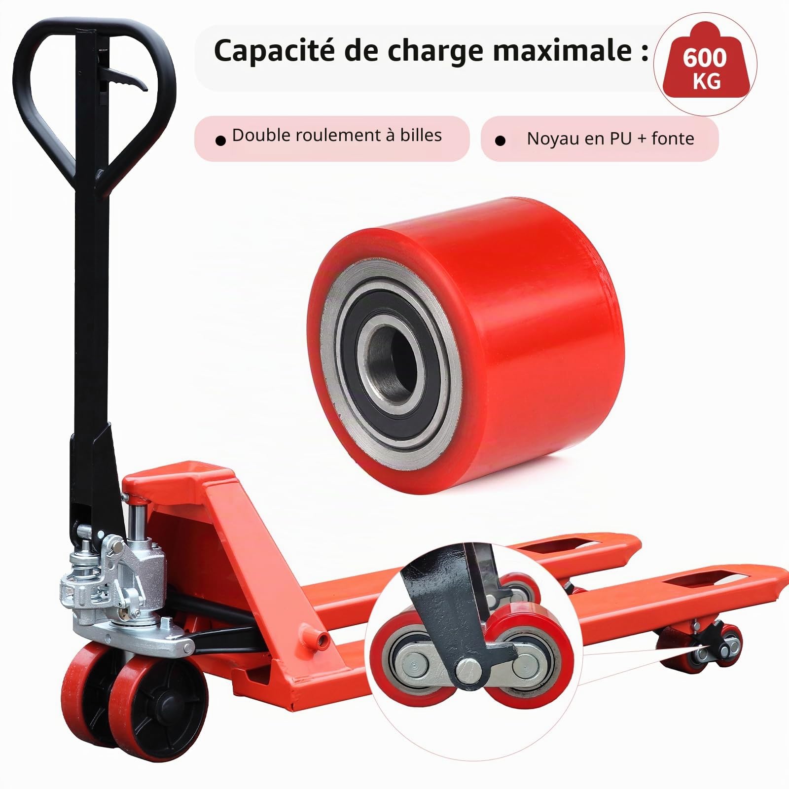 SWAWIS Lot de 4 Roues de Transpalette Polyuréthane 80 x 60 mm, Axe 20mm Charge Maximale 600 kg Avec pour Transpalette Roulements à Billes