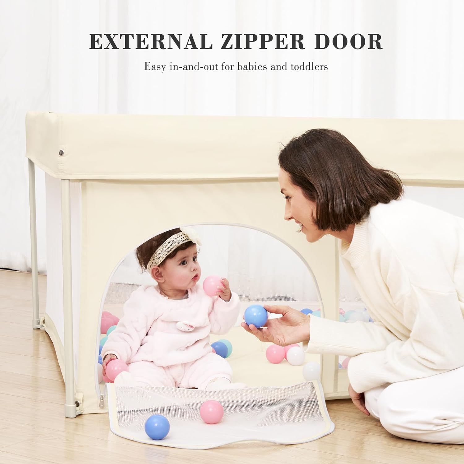 Foldable Baby Playpen 50"×50", Out-of-The-Box Ready Playpen for Babies and Toddlers, Portable Play Yard with Breathable Mesh & ASTM F406 Certified (Beige)