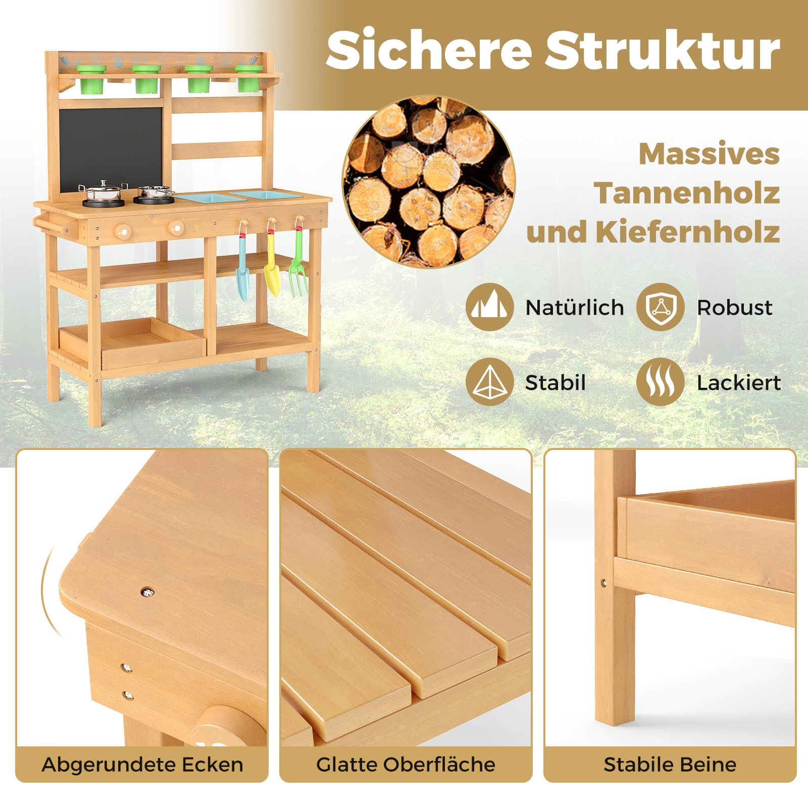 COSTWAY Matschküche Kinder Outdoor, Kinderküche mit Tafel, Wasserhahn, Spülen, Blumentöpfen & Gartenzubehör, Garten Spielküche Holz, Outdoorküche für Kinder ab 3 Jahren