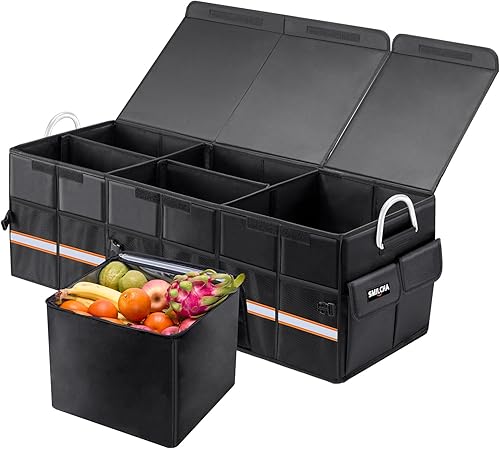 Organizador de maletero plegable extra grande de 100 litros con tapa + bolsa de refrigeración de 26 L, Oxford 1680D impermeable, robusto y duradero,