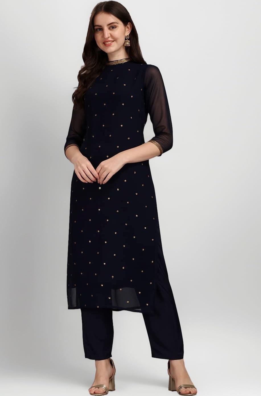Women Faux Georgette Sequin Pattern Straight Kurta set (Hrkb0070_Parent)