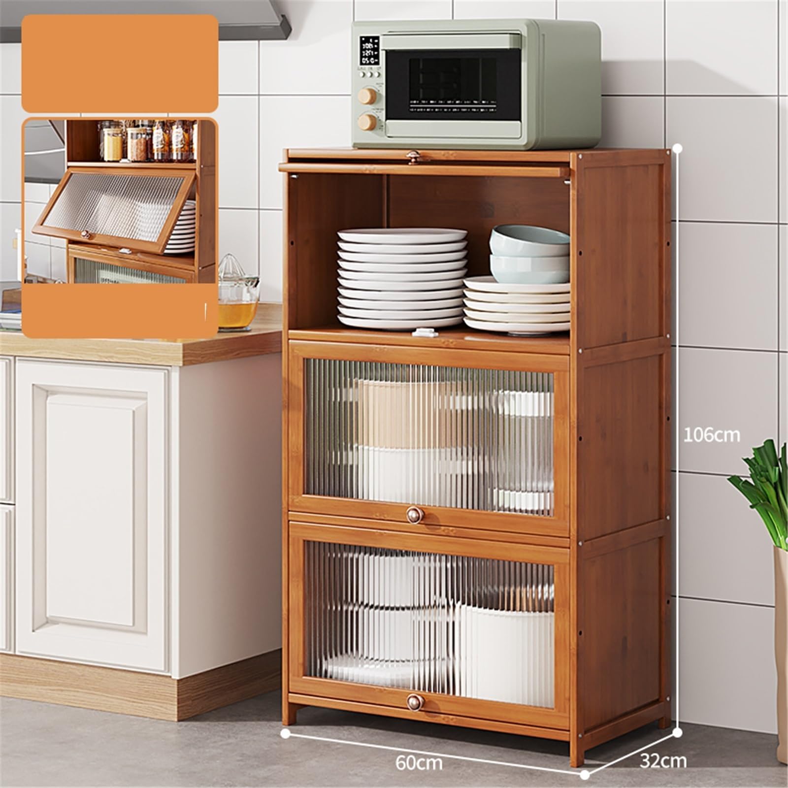 Szafka kuchenna Three-tiered Glass-door Kitchen Sideboard with Storage Składowanie