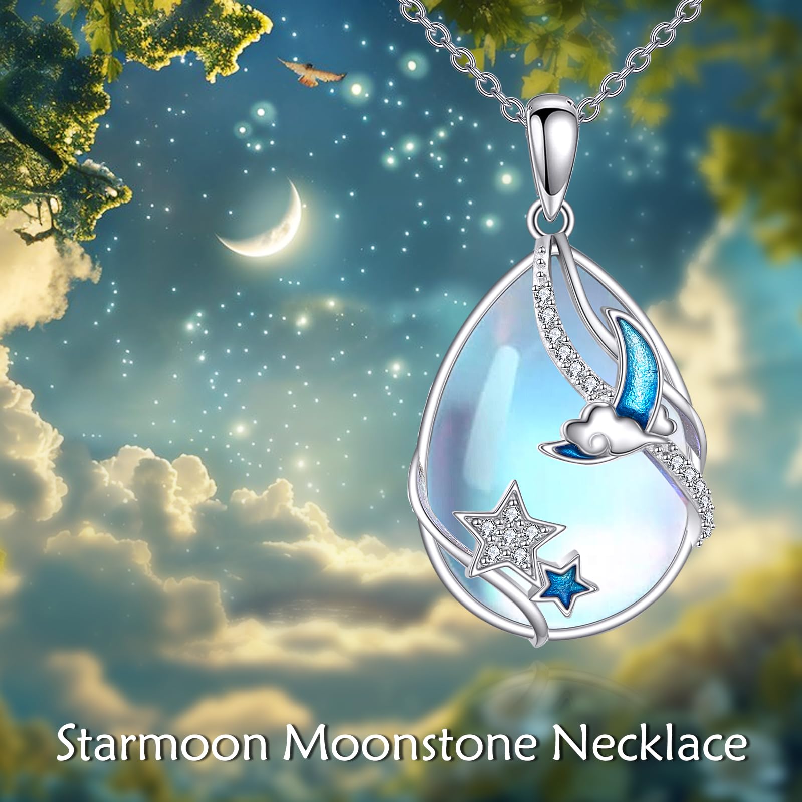 KQF Schmetterling/Fuch/Katze/Libelle/Ster/Quallen/Meerjungfrau/Eule Mondstein Kette für Damen Sterling Silber Schmetterling Mondstein Anhänger Kette für Damen Mädchen