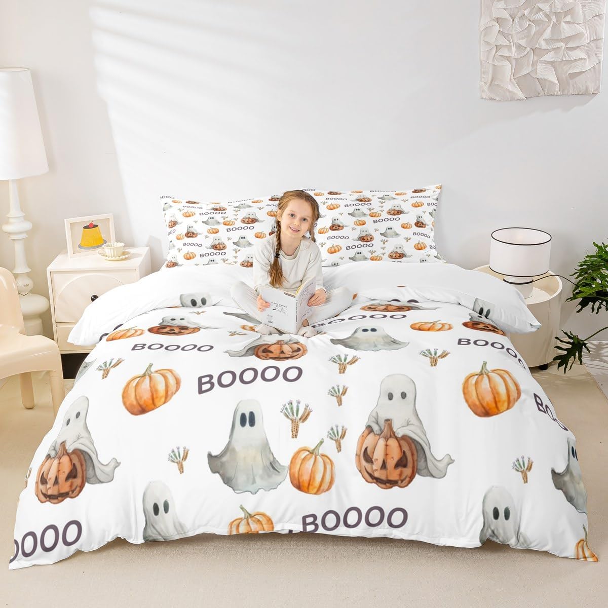 Manfei Halloween Kids Duvet Cover Set Full Size, Autumn Pumpkin Comforter Cover, Cartoon Halloween Ghost Bedding Set for Boys Girls Adults, Lightweight Bedspread Cover, 2 Pillowcases,No Comforter