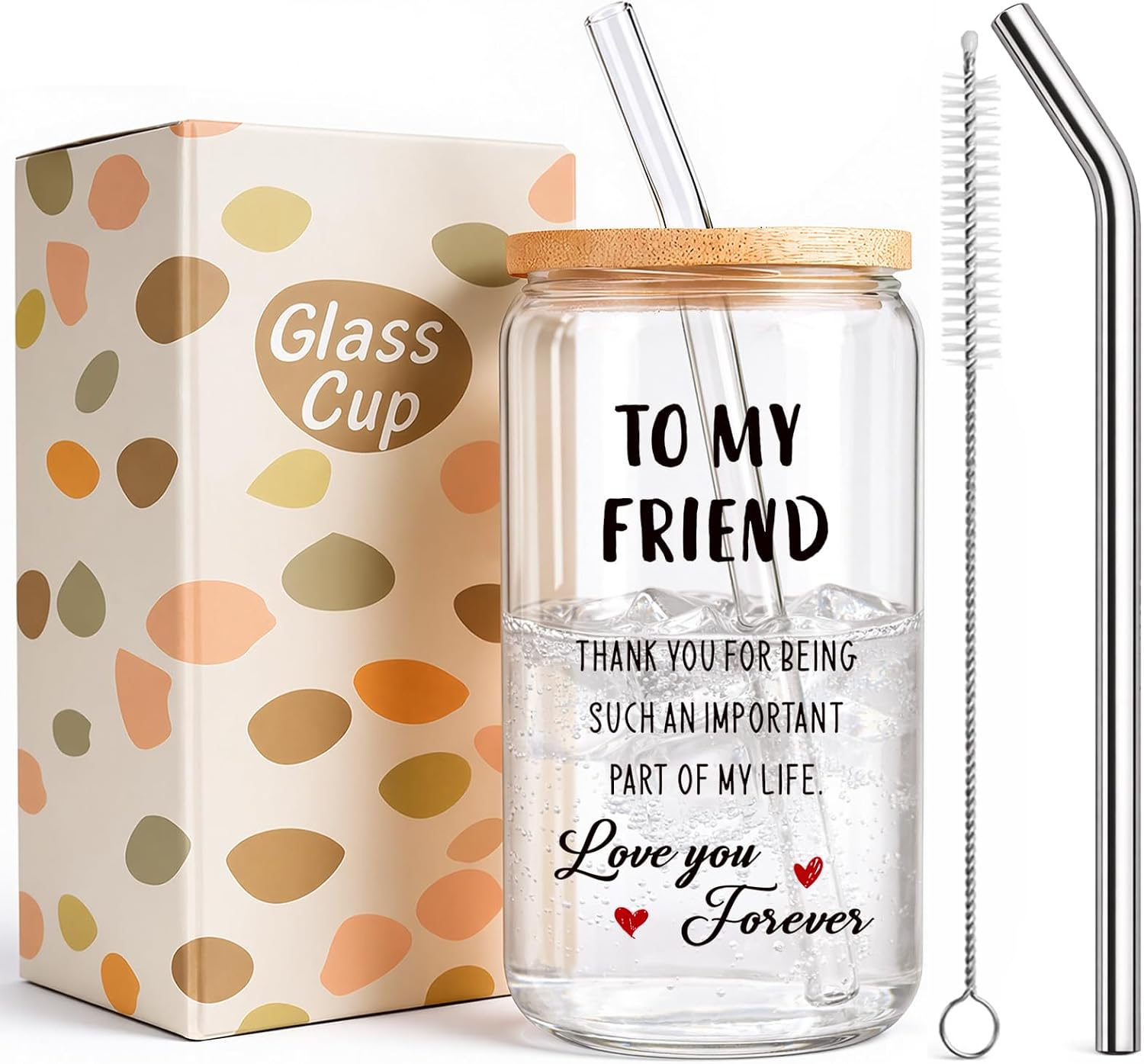 Women's Friend Birthday Gift – 16oz Glass Cup Set with Bamboo Lid & Straws, "To My Friend" Friendship Tumbler, Best Friend Bestie Coworker Gift, Gift Box