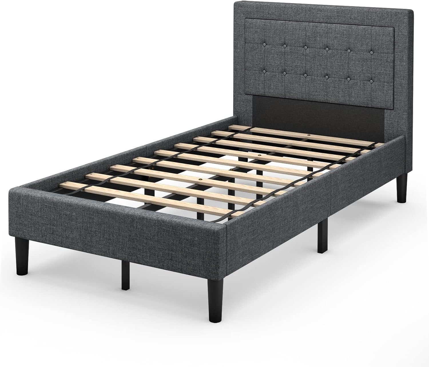 KOTEK Upholstered Bed Frame Twin Size, Modern Platform Bed with Button-Tufted Headboard, Strong Wooden Slats, No Box Spring Needed, Mattress Foundation, Grey