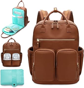 MOMINSIDE Diaper Bag Backpack, Leather Backpack for Mom Dad, Large Travel Diaper Tote, Large Wet Pocket