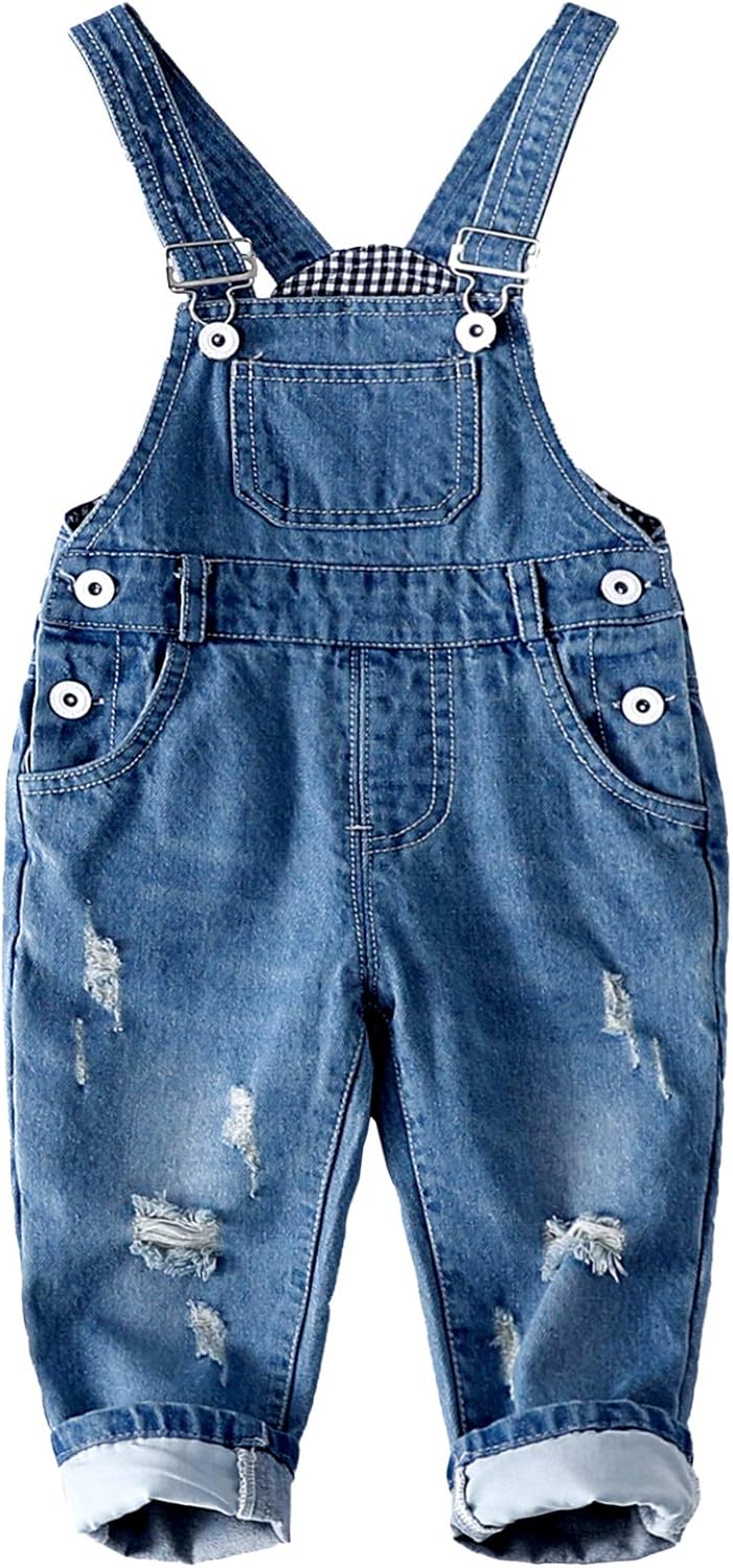 KIDSCOOL SPACE Baby Boy Girl Jean Overalls,Toddler Ripped Denim Cute Workwear