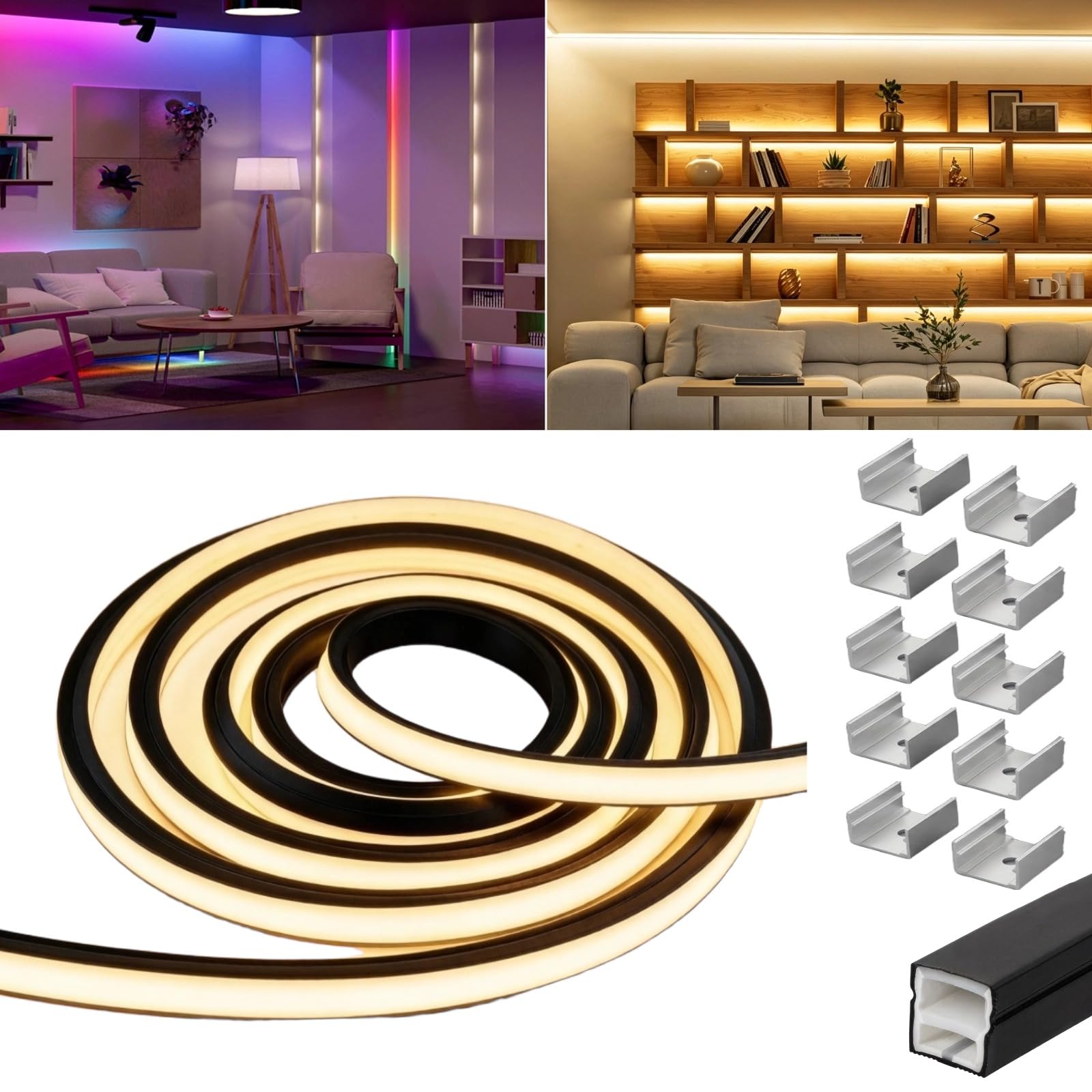 JETSUNDA LED Profile, 5M/16.4ft Silicone LED Strip Diffuser, 12x12mm Black LED Channel with End Caps, Mounting Clips, LED Diffuser Strip for Under Cabinet, Shelf and Corners of Walls