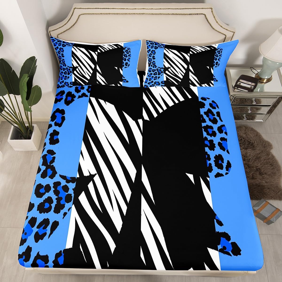 Leopard Bow Fitted Sheet Full Size 3 Pcs,Blue Zebra Cheetah Fur Print Collections(No Flat Sheet),Cartoon Princess Bowknot Animal Skin Stripes Safari Bedding Deep Pocket for Kids