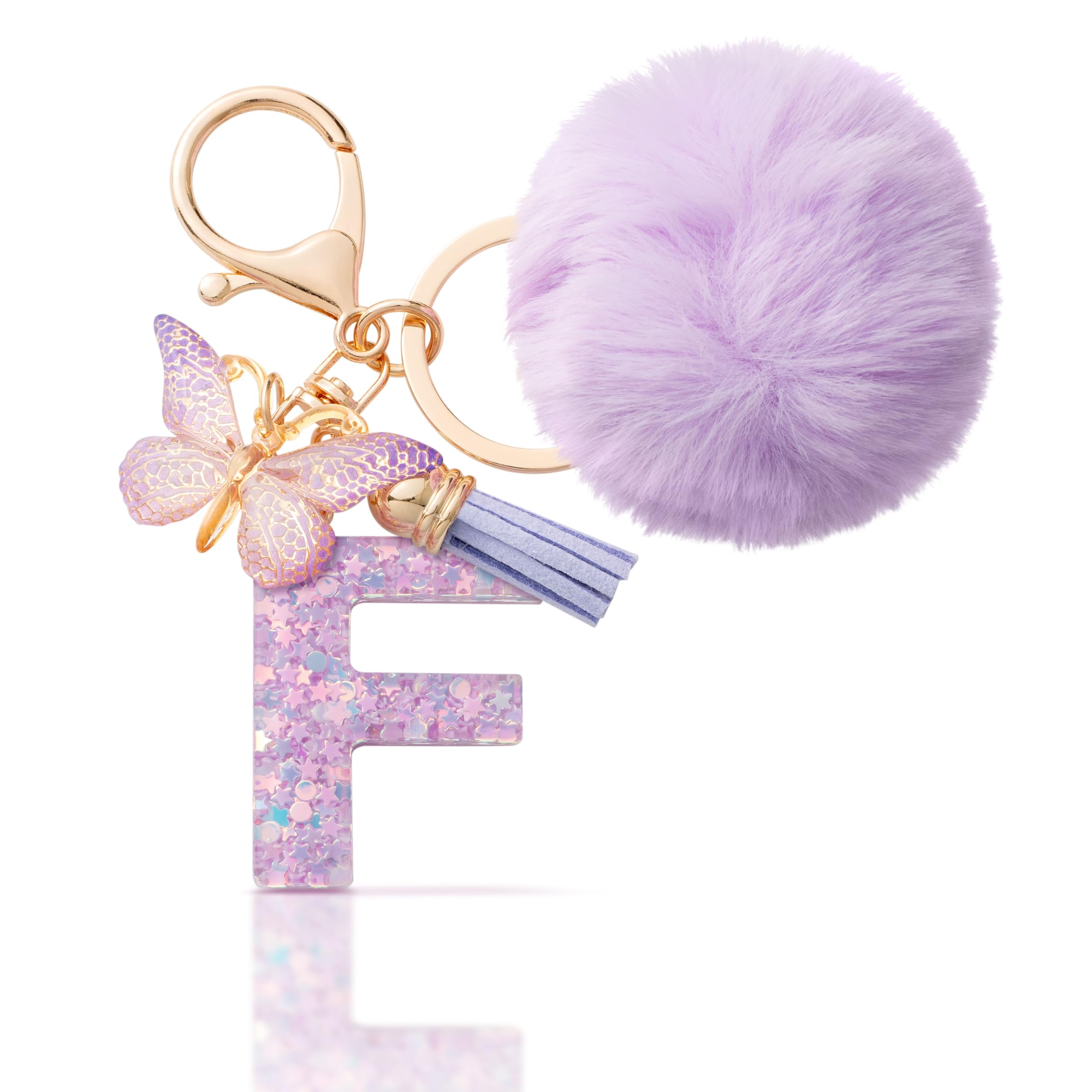 CHUQING Schlüsselanhänger Buchstabe Geschenke Mädchen Schlüssel Anhänger mit Pompon Anfangsbuchstaben Keychain Letter Schmetterling für Frauen Damen Geburtstagsgeschenk