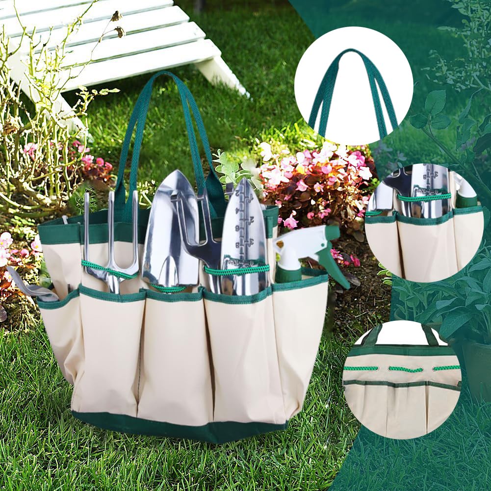 Herramientas de jardín para mujer, juego de herramientas de jardinería de aleación de aluminio, kit de iniciación de herramientas manuales con bolsa de jardín, regalos de jardinería para mujeres y