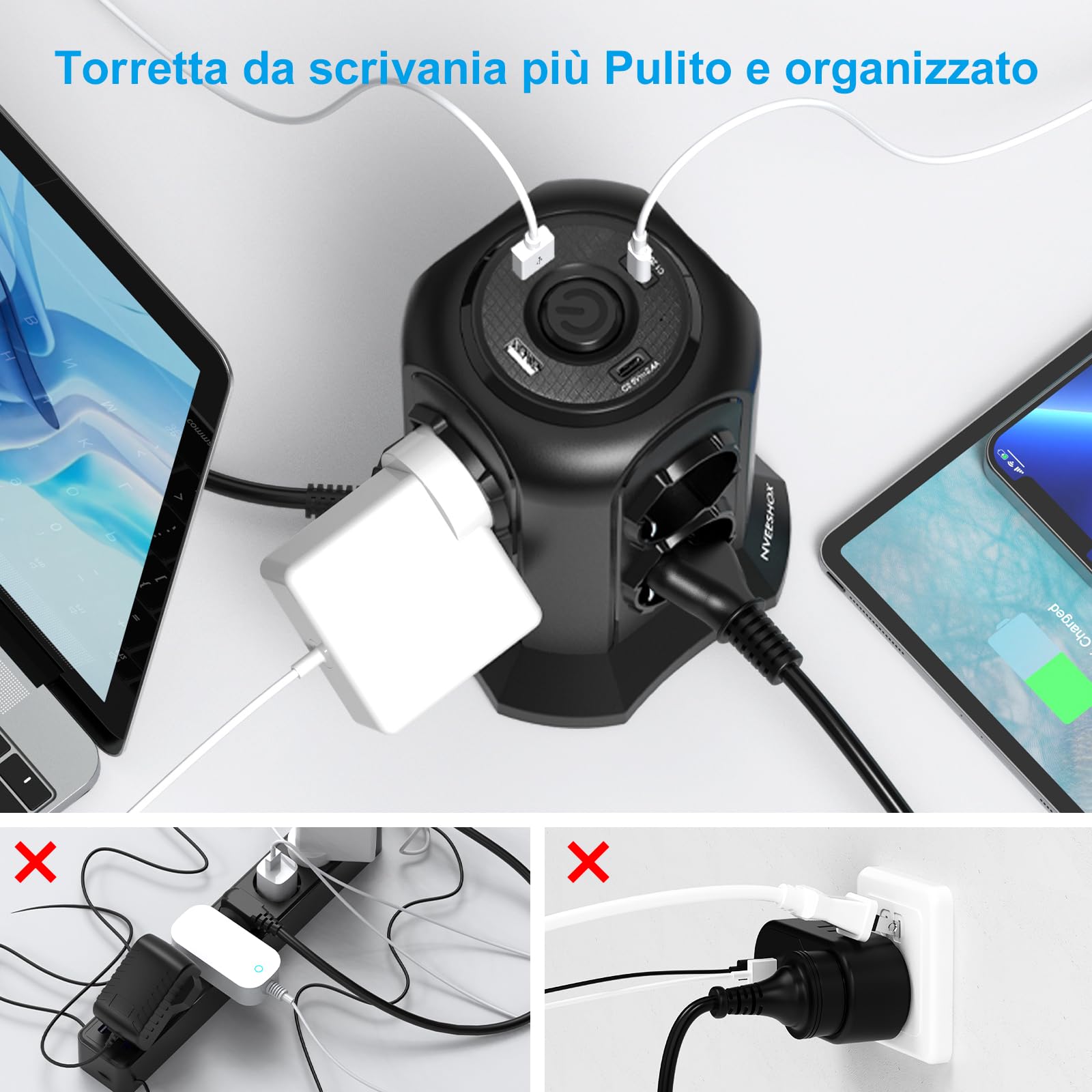 NVEESHOX Ciabatta Multipresa Verticale con 8 Prese | Multipresa con 2 USB C + 2 USB A(USB-C1 20W PD3.0), 4000W/16A, protezione sovratensione con Interruttore, 5M Cavo (Nero)