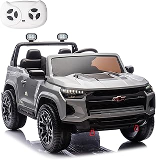 Kids Electric Car 24V, 2 Seater Ride on Car for Kids Electric Vehicles with Parent Remote, 4WD Licensed Chevrolet Colorado with Music, Alarm Lights, Megaphone(Gray)