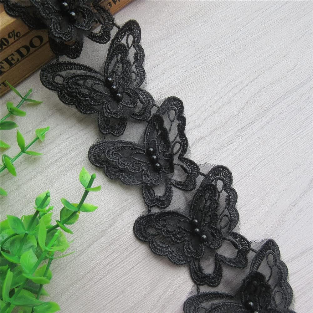 5 Yards Soluble Butterfly Bow Pearl Organza Embroidered Lace Trim Knitting Wedding Appliques Handmade Patchwork Ribbon Sewing Supplies Craft Bridal Dress Ornaments Costume Hat Decoration (Black)