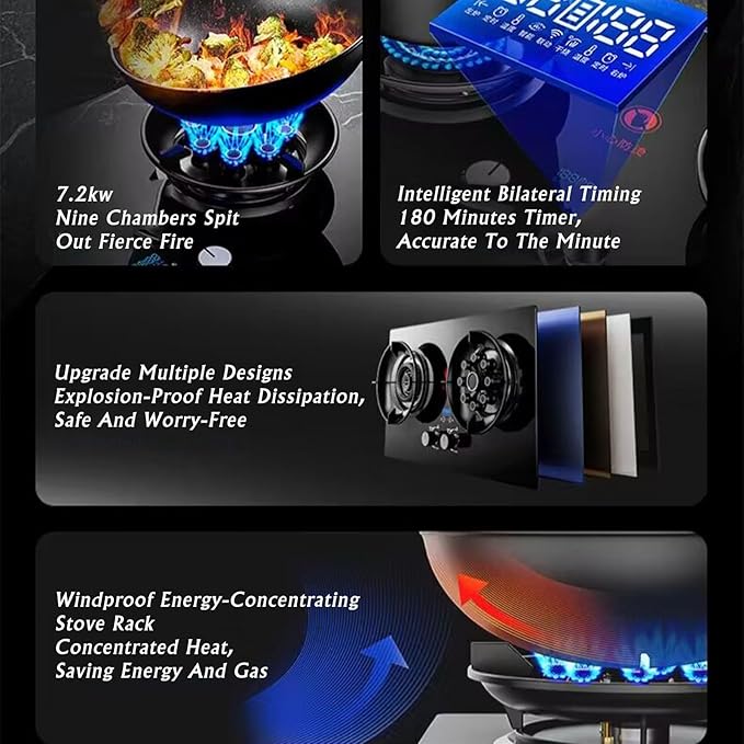 Estufa de Gas 2 Puestos 5.2/7.2KW Vidrio Templado Negro miniatura 3