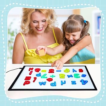 Kanayu Adjustable Brightness LED Light Panel 18 Classroom Light Table with 245 Translucent Pattern Blocks Letters Board Numbers for Sensory Play Creative Exploration Kids Home Learning Counting