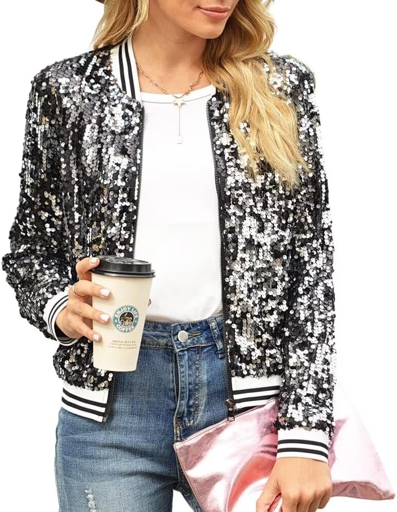 itnpbwus Sequin Jacket for Women Long Sleeved Front Zipper Ribbed Cuffs Bomber Jacket