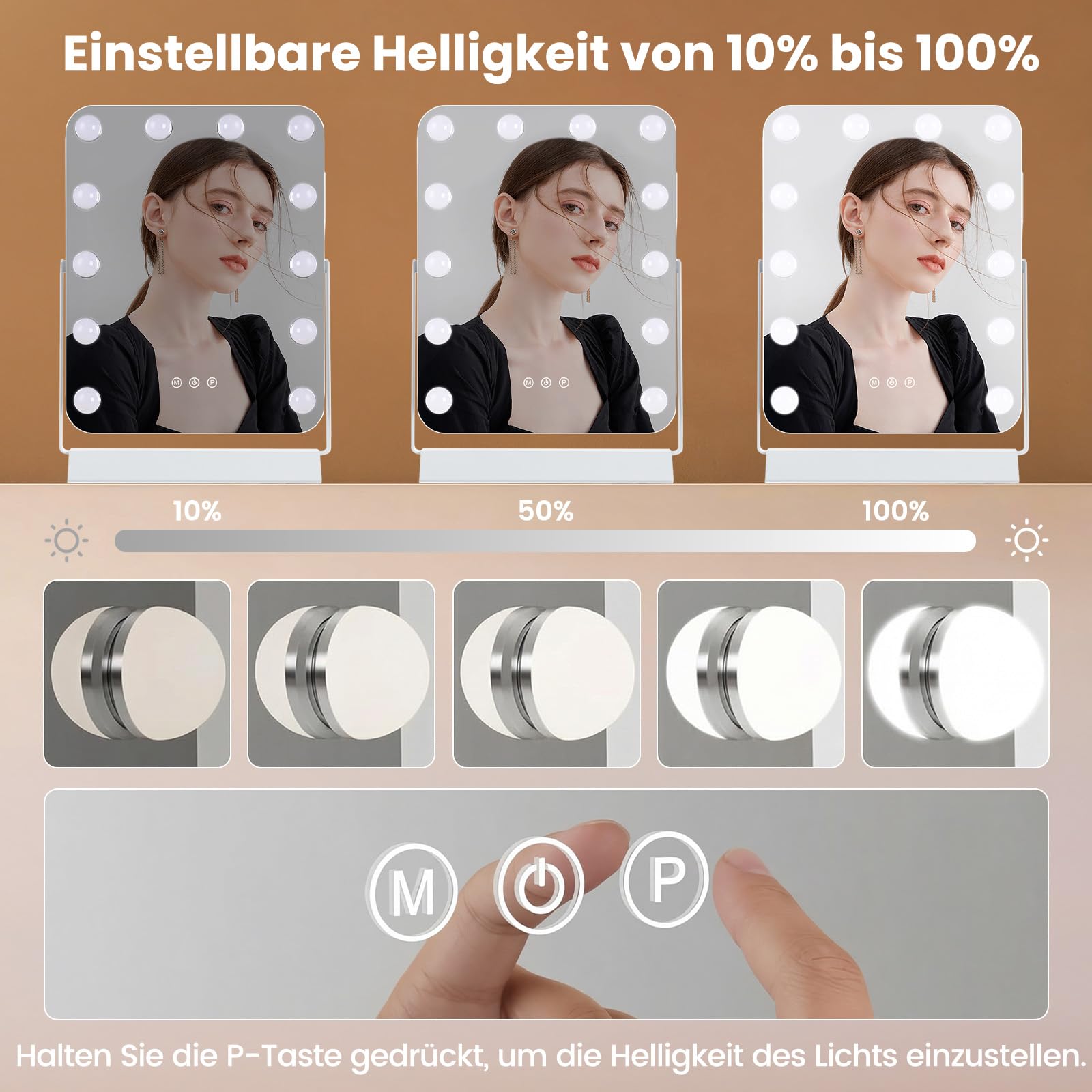 Hollywood Schminkspiegel mit Beleuchtung, 31x48cm Kosmetikspiegel mit dimmbar 12 LED Licht, 3 Farbmodi, Smart Touch Steuerung Spiegel, 360° Drehbarer Tischspiegel für Schminktisch Schlafzimmer